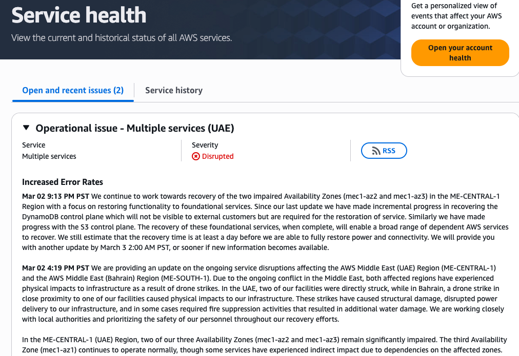 So präsentiert sich das Amazon Status Dashboard
