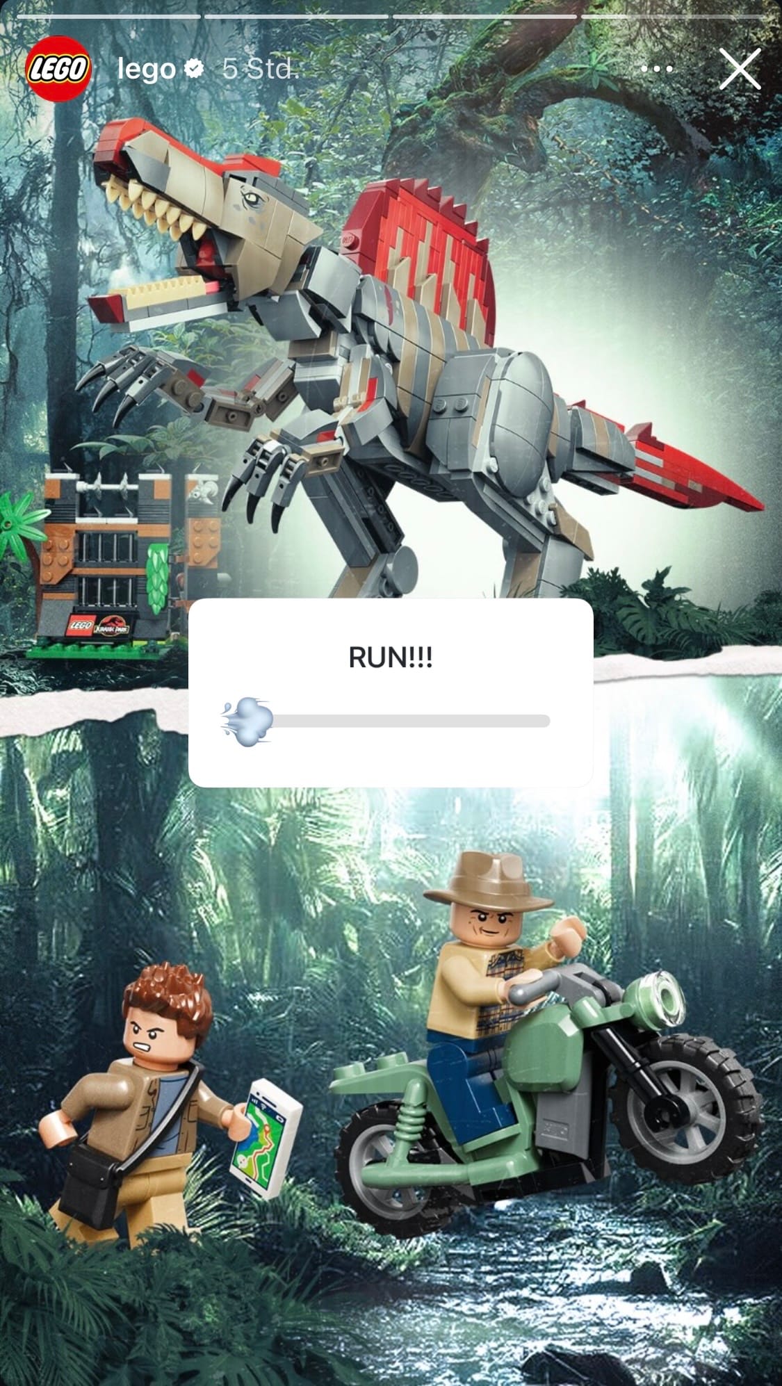 Der Spinosaurus, Alan Grant (auf einem Motorrad) und sein Schüler Billy Brennan aus «Jurassic Park 3».