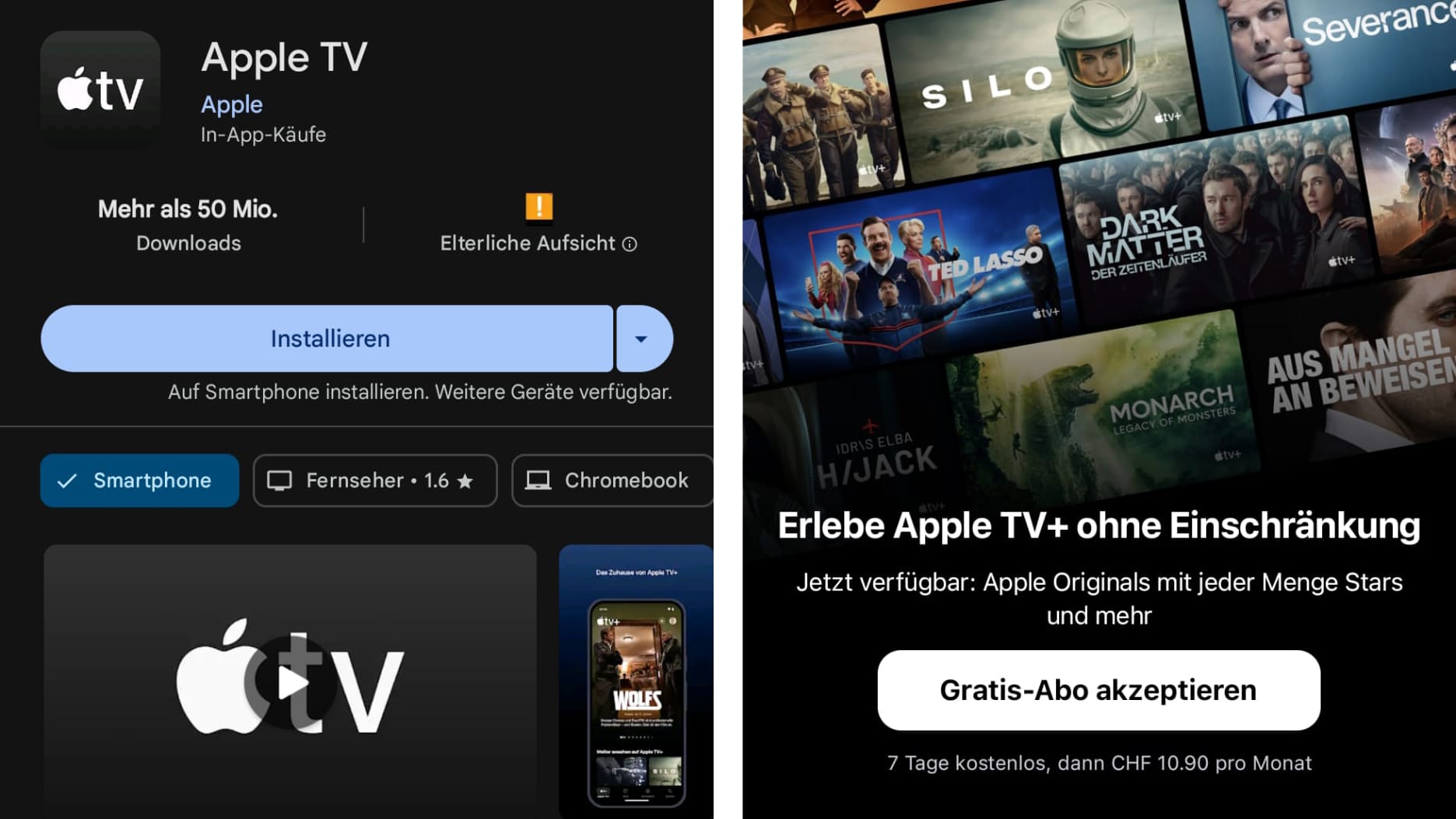 Bereits im Play Store erhältlich: Apple TV mit integriertem Apple TV+.